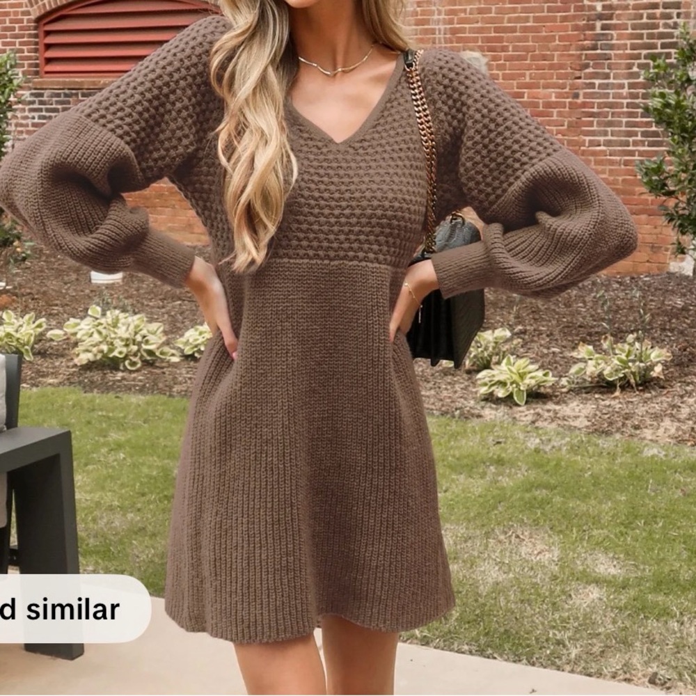 Cupshe Brown V-Neck Textured Knit Sweater Dress